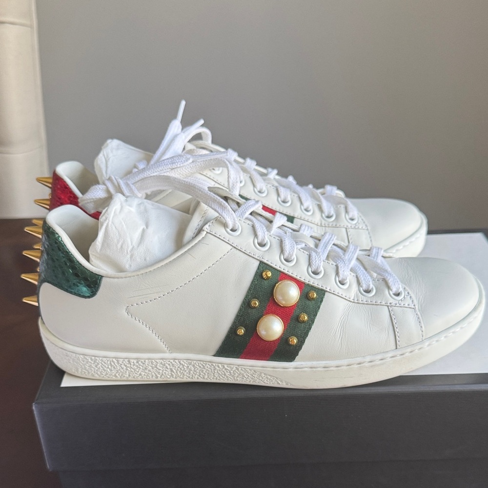 Gucci White Sneakers with Gold Spikes and Green Red Accents